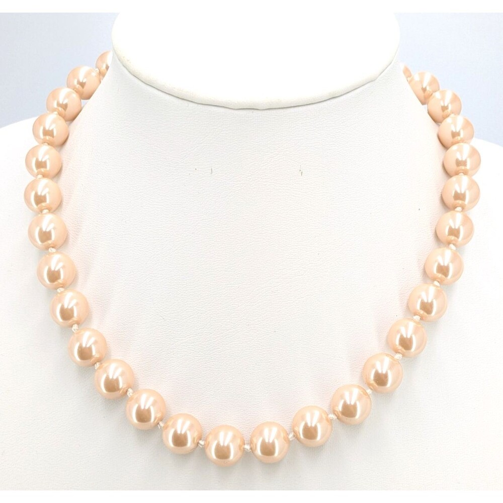 KJL Faux Pearl Necklace Kenneth Jay Lane Pink Blush Signed Gold Tone 21in Long